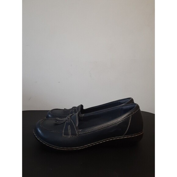 Clarks Collection Leather Slip-On Ultimate Comfort Shoes Ladies 10 Navy Loafers - Picture 1 of 9